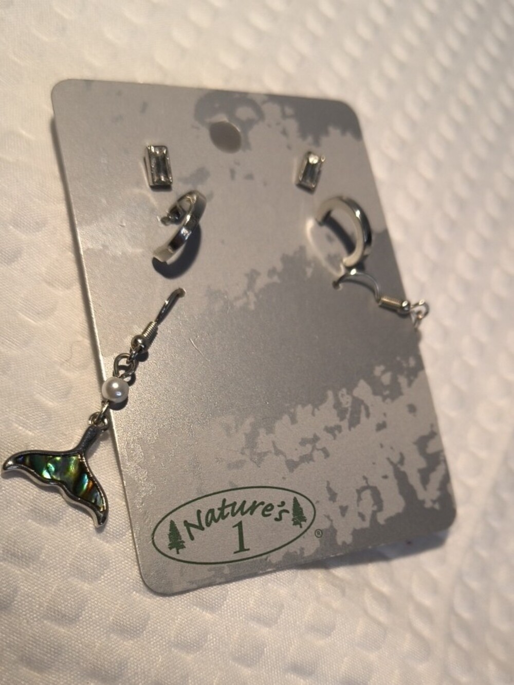 Silver Tone Abalone Whale Tail Drop Earrings Set 3 Pairs - Picture 4 of 4